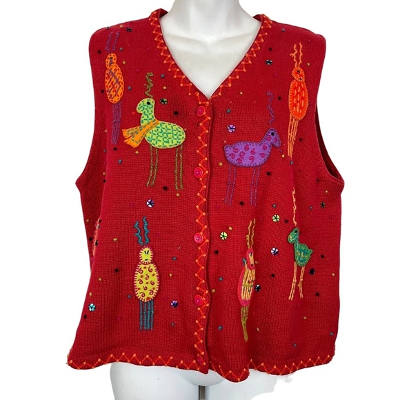 Susan Bristol Sweaters - SUSAN BRISTOL Red Hand Embroidered Colorful Sleeveless Cardigan Sweater Vest  L